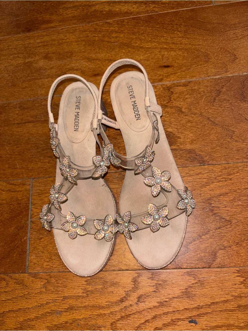 Steve Madden Nude Floral Jeweled T-Strap Sandals